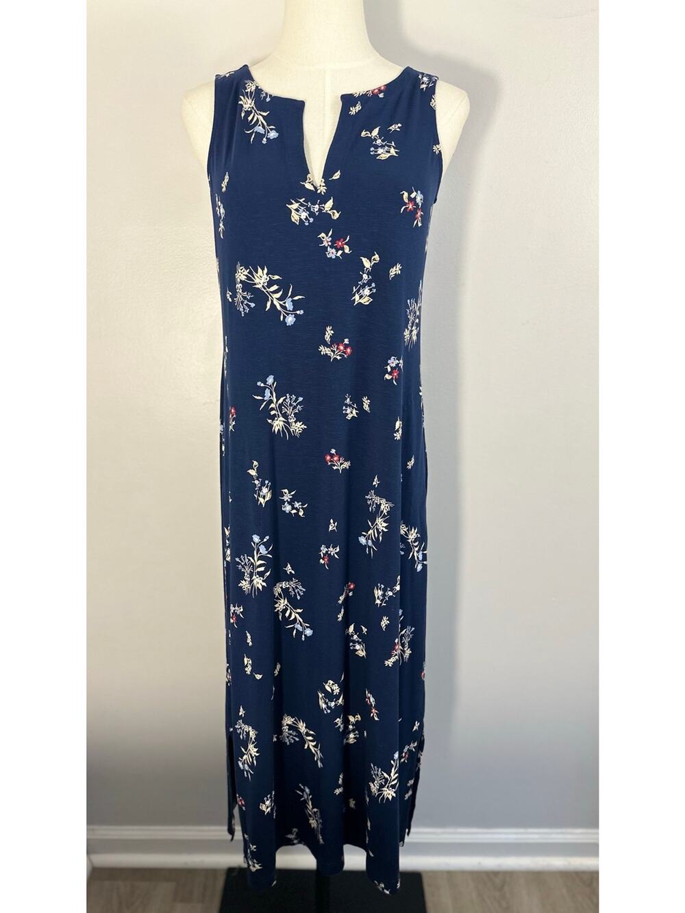 J Jill Dress Womens  XSP Navy Blue Floral Knit Maxi Boho Cottagecore